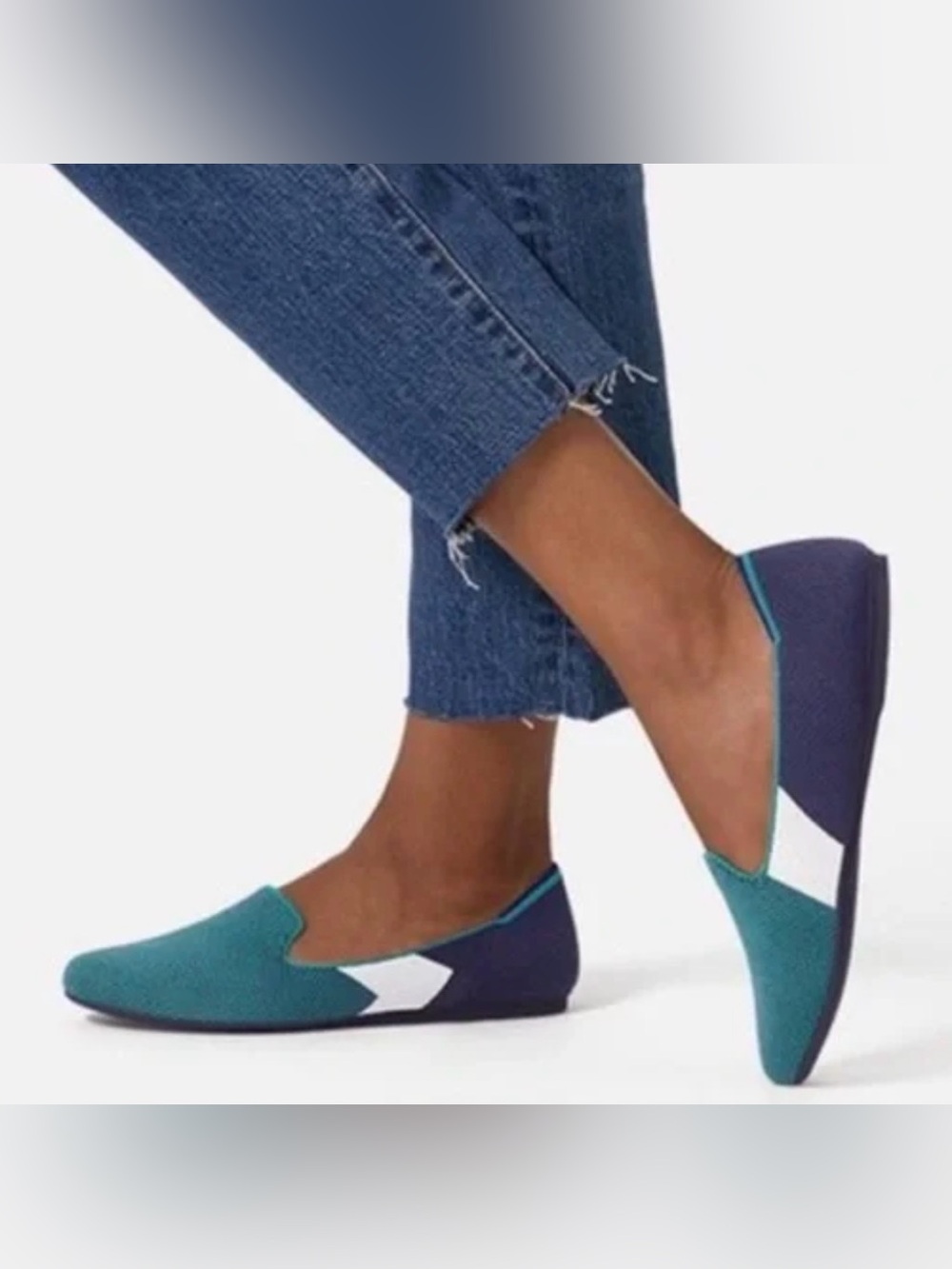 Rothy’s Spruce‎ Prep Shoes Teal Navy White Washable Knit Flat Size 6.5